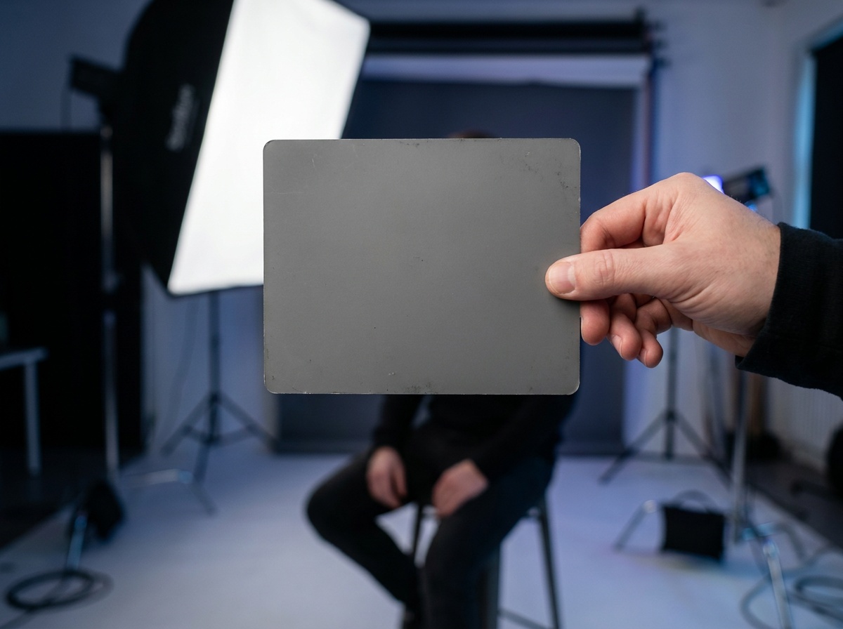 A studio portrait under mixed lighting rendered with flawless color accuracy: the subject's white shirt is truly neutral white, their skin tones natural and warm, with no green or blue cast anywhere in the frame