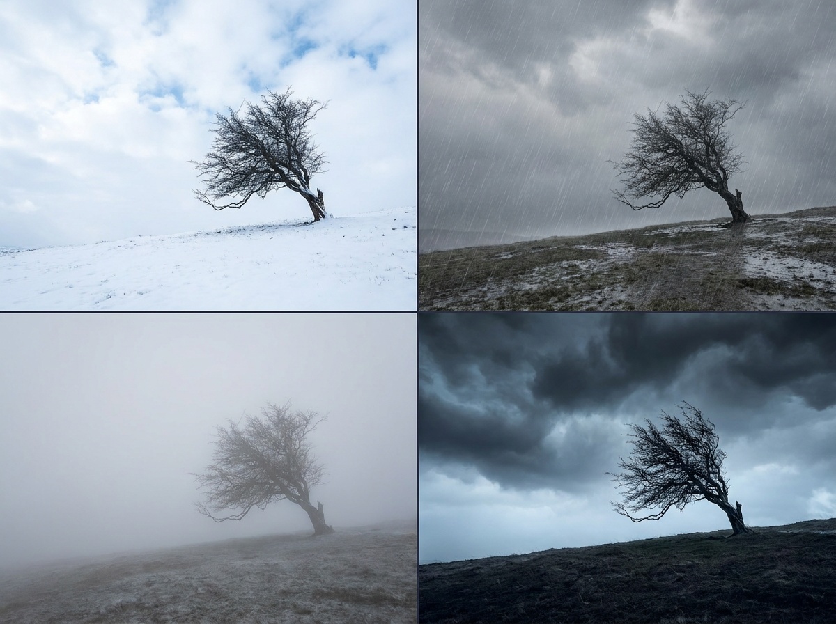 Four photographs of the same lone tree on a hill in different weather: crisp white under fresh snow, glistening and low-contrast in rain, pale and ghostly in fog, and its branches streaked with motion in high wind