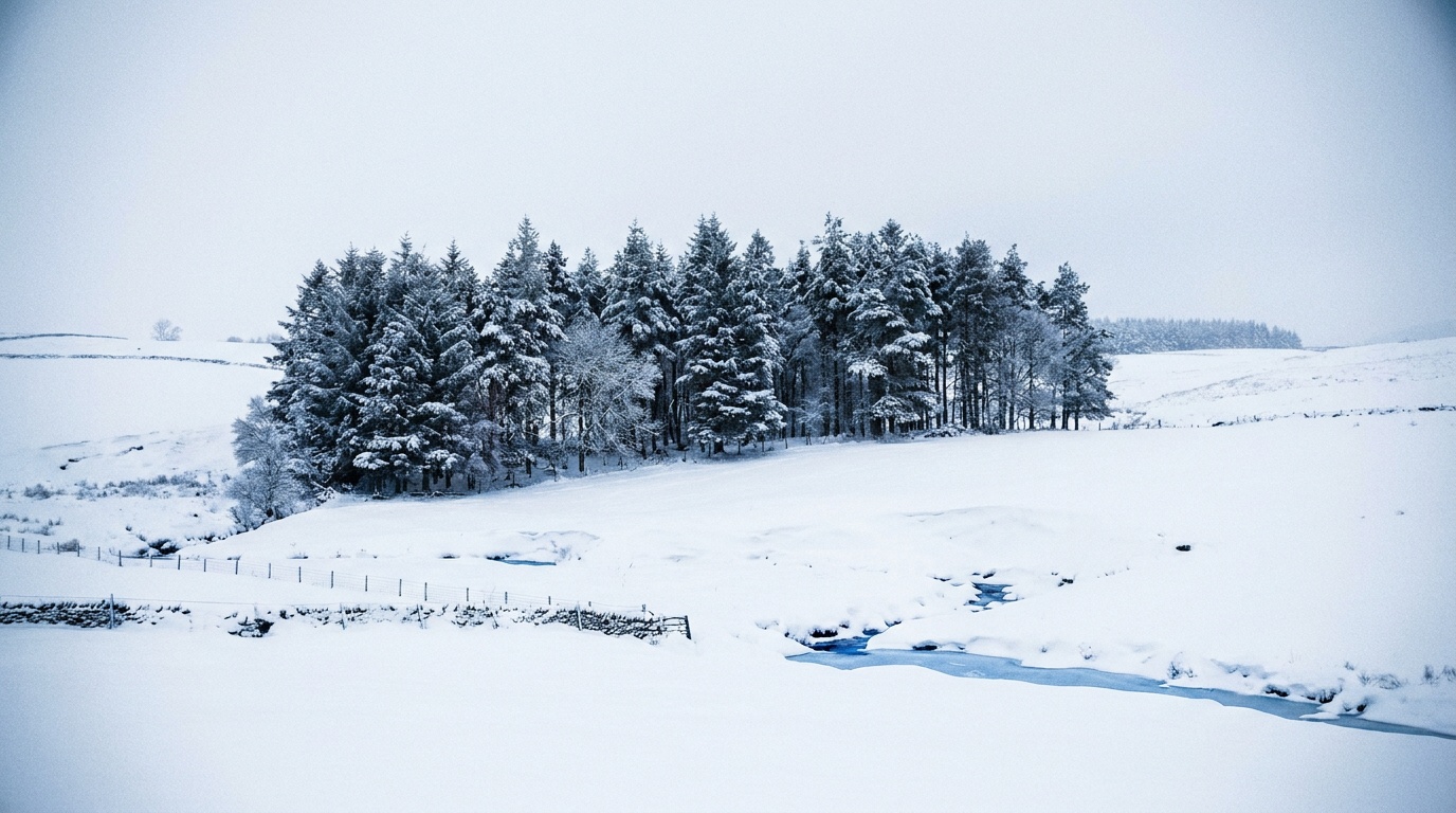 A serene winter landscape of untouched fresh snow blanketing rolling fields and frosted trees under soft blue-gray light, the snow rendered clean bright white with delicate detail in the drifts rather than dull gray