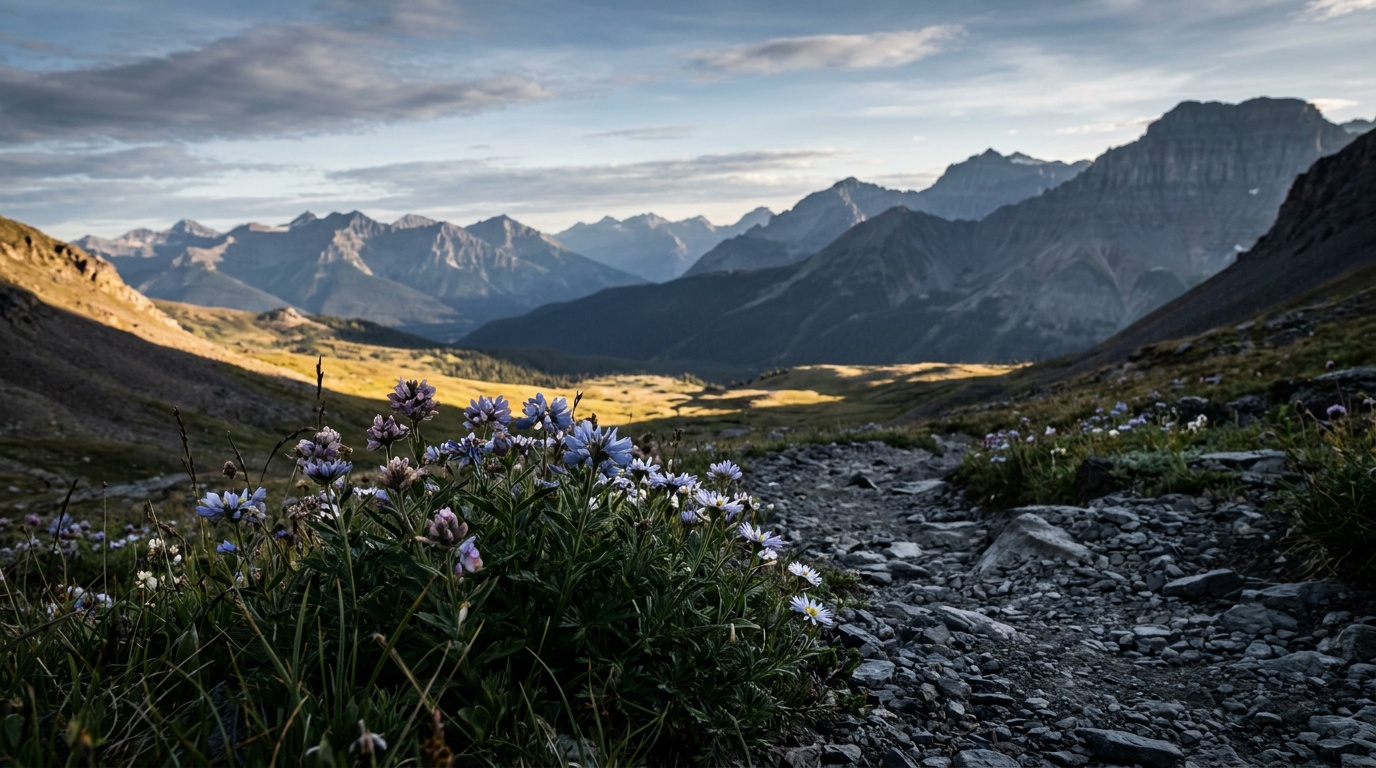 A sweeping mountain landscape sharp from the nearest foreground wildflowers all the way to the distant ridge and sky