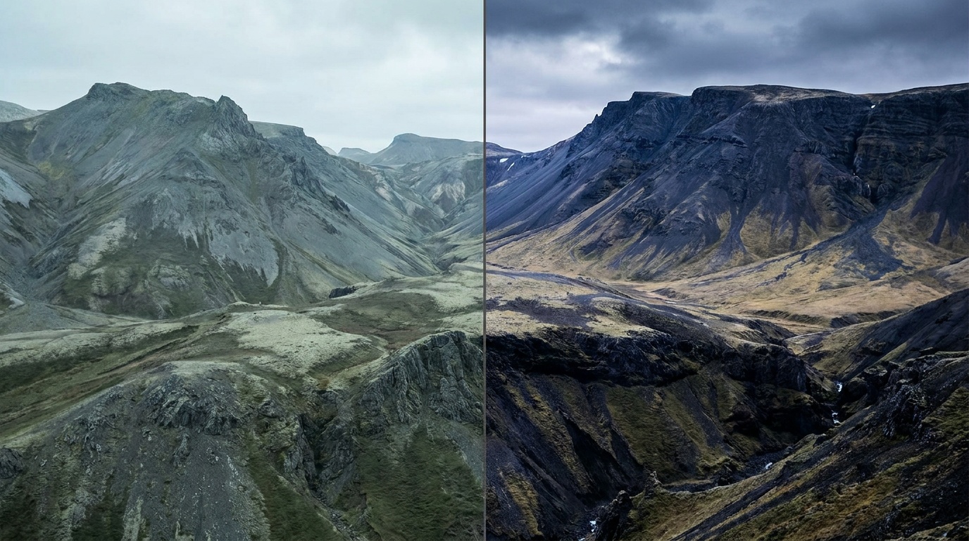 Two versions of the same mountain landscape side by side: the before is flat, dull, and slightly cool out of camera; the after has true white balance, lifted shadows revealing foreground detail, and a recovered blue sky, still looking natural rather than over-filtered