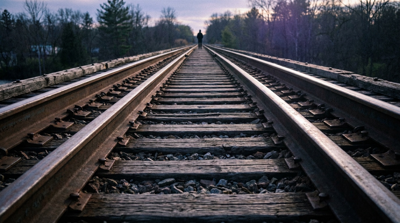 Steel railroad tracks shrink to a single vanishing point through misty morning light, a lone figure in a red jacket standing exactly where the rails appear to meet