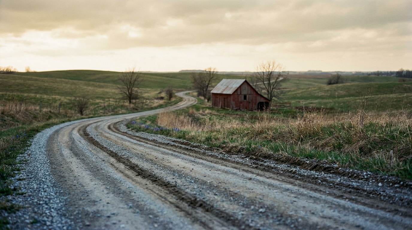 A ribbon of country road sweeps in from the bottom corner and curves across golden fields toward a sunlit red barn glowing under low evening light