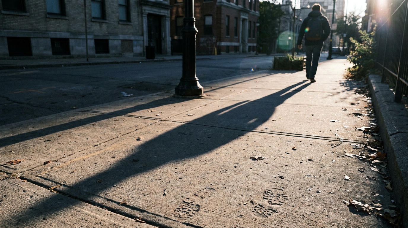 A long raking late-afternoon shadow slices diagonally across a sunlit cobblestone street, leading the eye toward a lone walker silhouetted in warm golden light