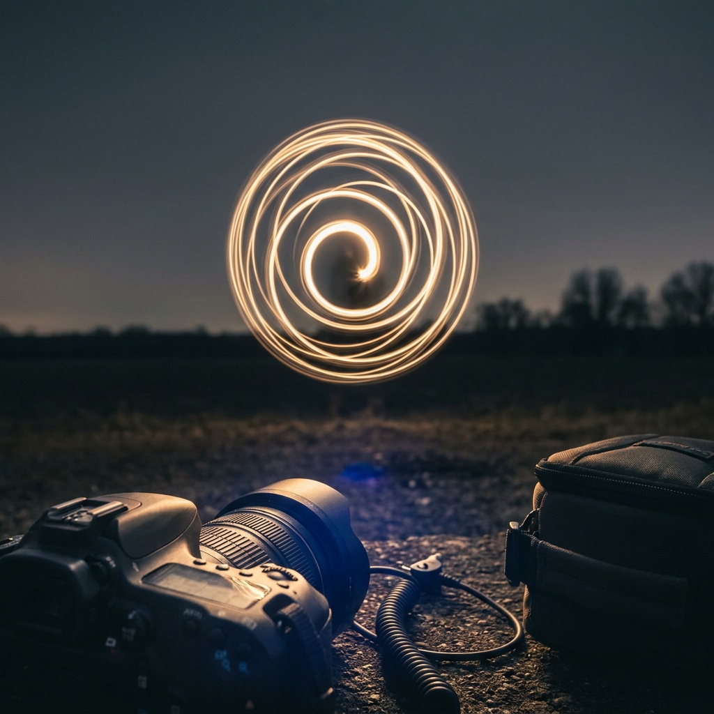 In a pitch-black field at night a glowing sphere of warm amber light hangs in midair, drawn as one continuous spinning trail that floats above silhouetted grass