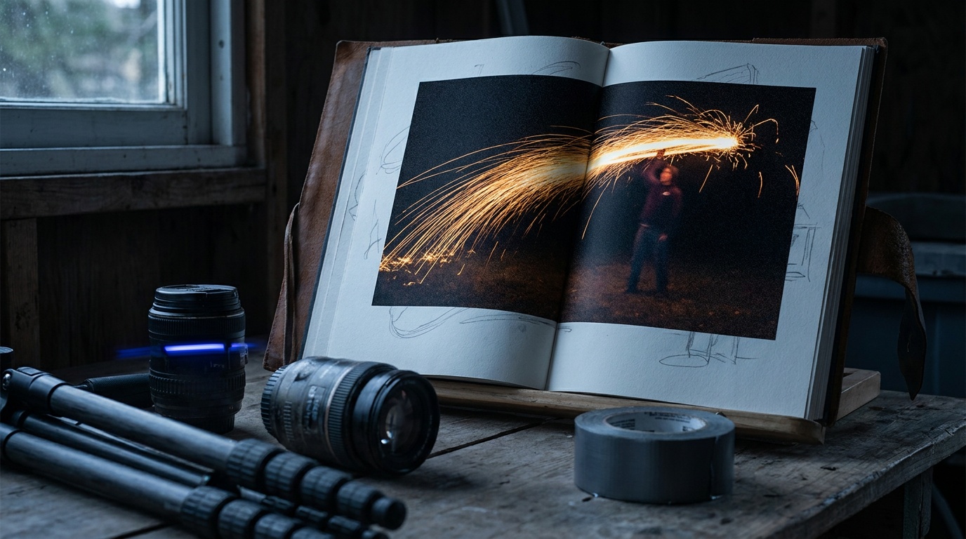 A blazing umbrella of golden sparks erupts from spinning steel wool, raining molten streaks in a wide glowing arc that reflects off wet pavement in the dark