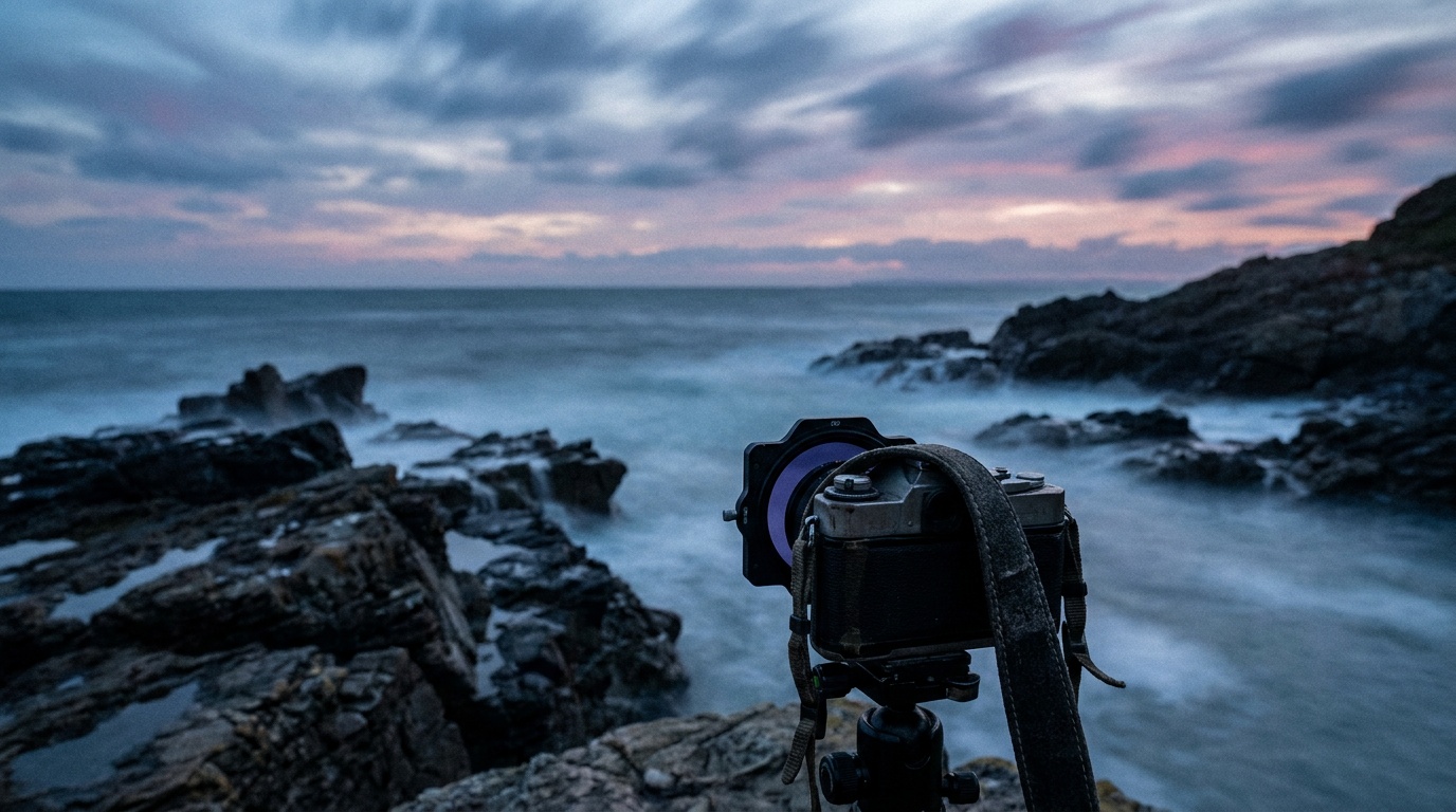 At dusk a rocky shoreline glows in pink and lavender light as the sea blurs into low drifting mist and the clouds streak in long arcs above jagged foreground rocks that stay perfectly sharp