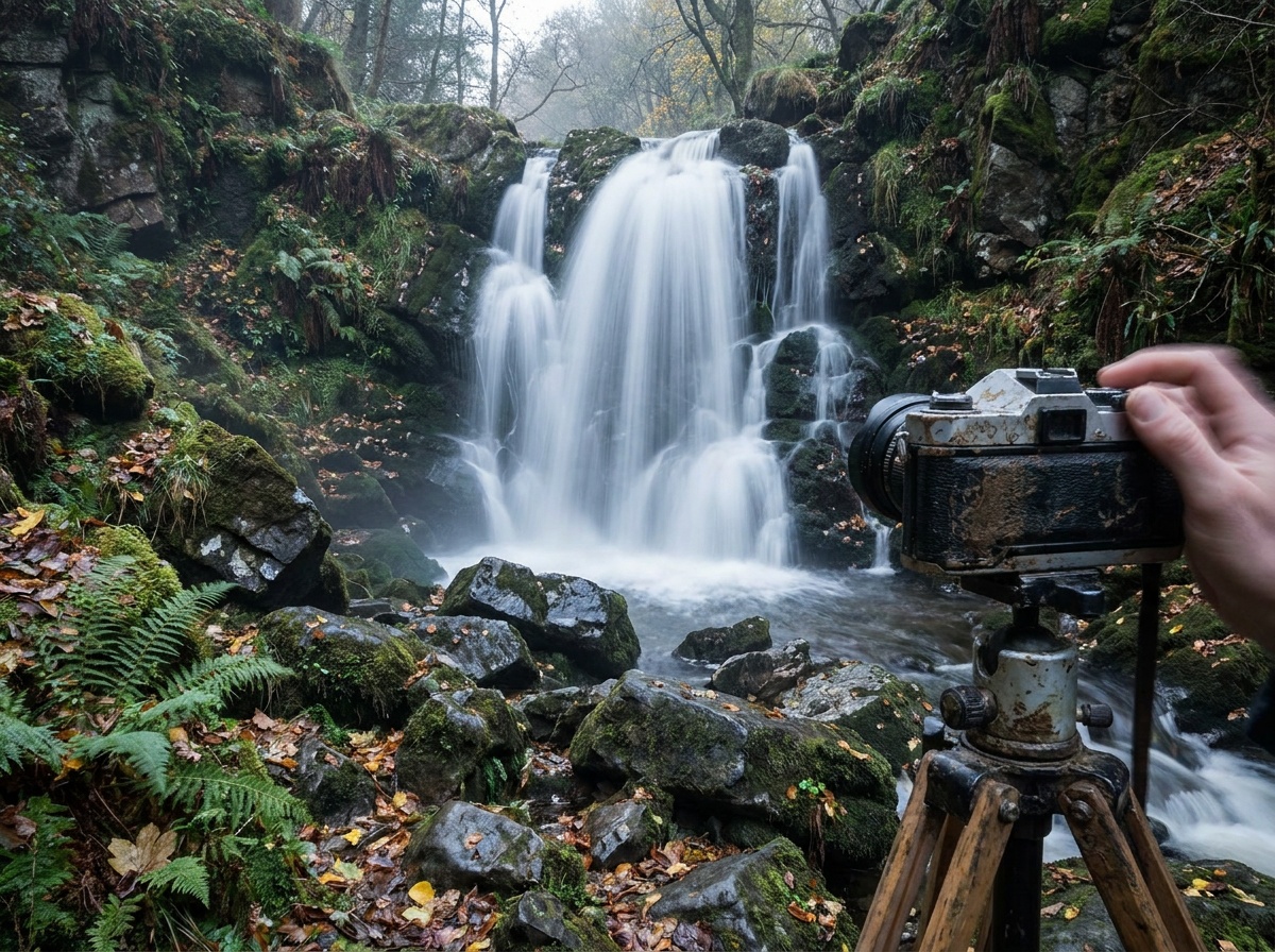 A forest waterfall drops in soft silky white veils through emerald moss-covered rocks, the flowing water smoothed to mist while every wet boulder and fern stays tack sharp