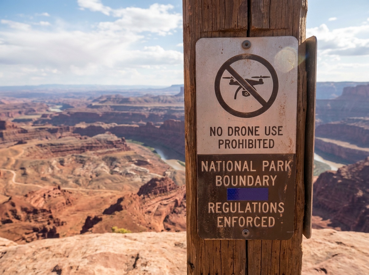 A weathered national park no-drone sign stands at a canyon rim overlook, a vast layered red-rock gorge dropping away dramatically into golden light behind it