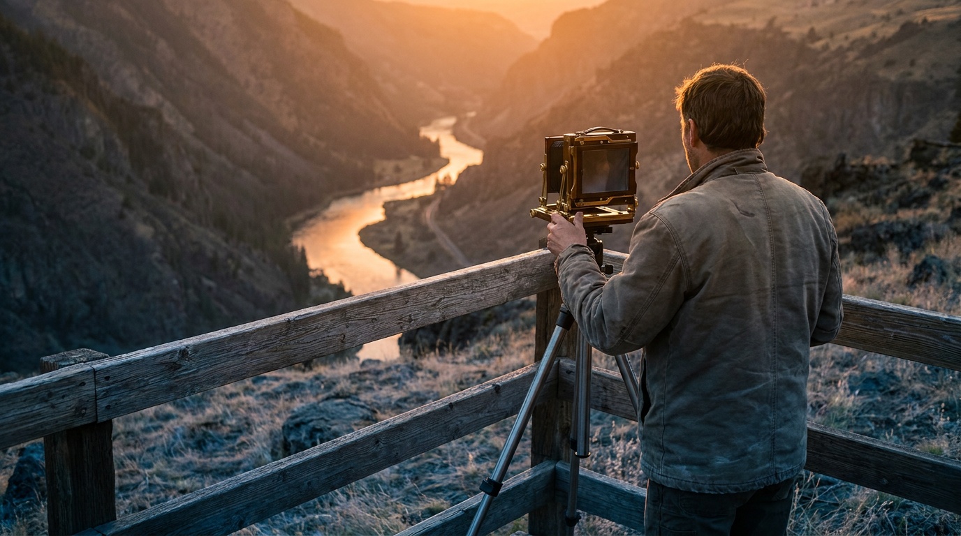 A sweeping national park valley seen from a public overlook at golden hour, granite walls and a winding river glowing warm beneath layered ridgelines fading into haze