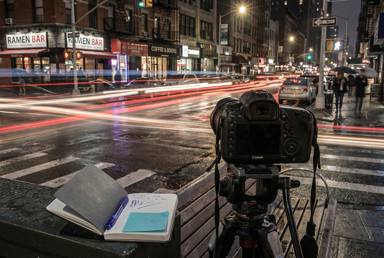 A rain-slicked downtown street at night, neon signs and glowing skyscraper windows mirrored in the wet pavement while car taillights stretch into long red ribbons