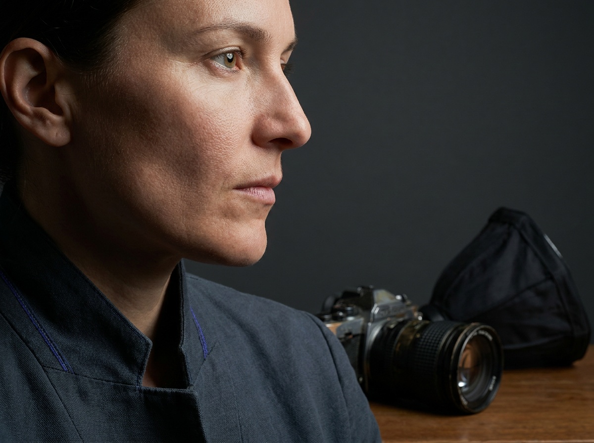 A striking portrait where a single side light brightens one cheek and lets the far side of the face fall into soft shadow, sculpting the cheekbones and jaw into clear three-dimensional form