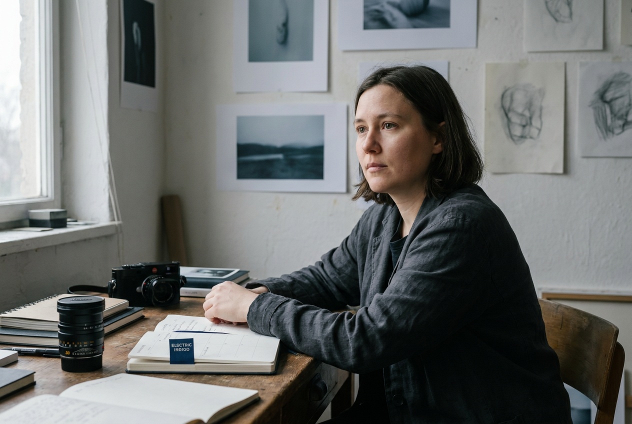 A close portrait under soft cloudy daylight, the model's skin smooth and evenly lit with no harsh shadows, gentle catchlights filling both eyes and the complexion reading clean and flattering