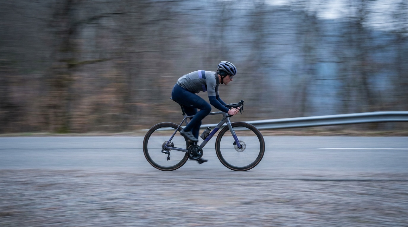A road cyclist tack sharp and leaning into a sprint, jersey and spokes crisp while the crowd and trees behind dissolve into horizontal streaks of pure speed