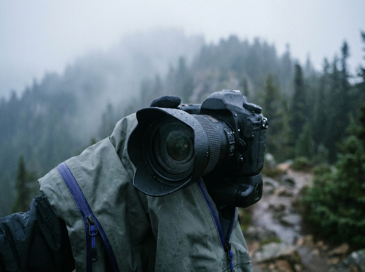 A moody mountain ridge wreathed in drifting fog, dark evergreens fading layer by layer into the mist while a break in the cloud catches a sliver of pale light