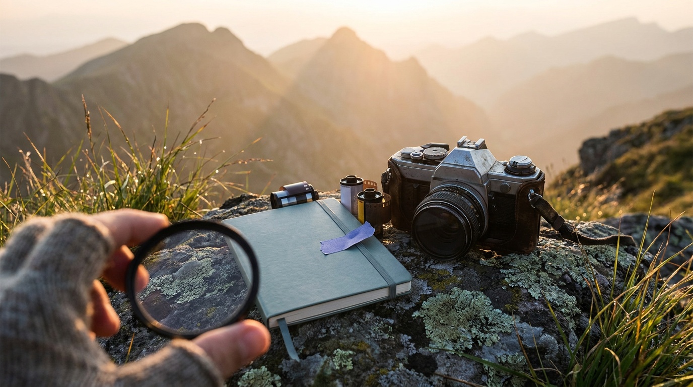 A handheld trail vista at golden hour, a layered mountain ridge receding into warm haze with the sunlit foreground rocks and distant peaks all rendered crisp front to back
