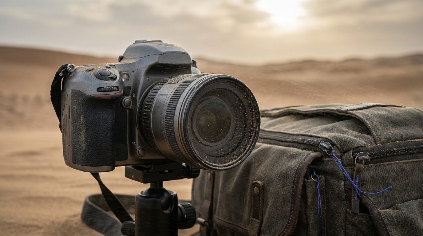 A dramatic desert dust storm at golden hour, towering dunes half veiled in a glowing wall of windblown sand as warm light filters through the haze