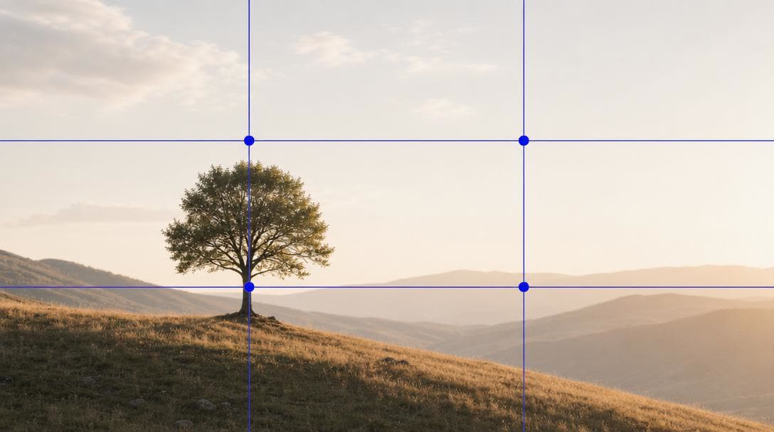 A lone bare oak tree standing on the left third of a wide windswept moor, the horizon dropped to the lower third, a vast streaked sky filling the upper two thirds at dusk