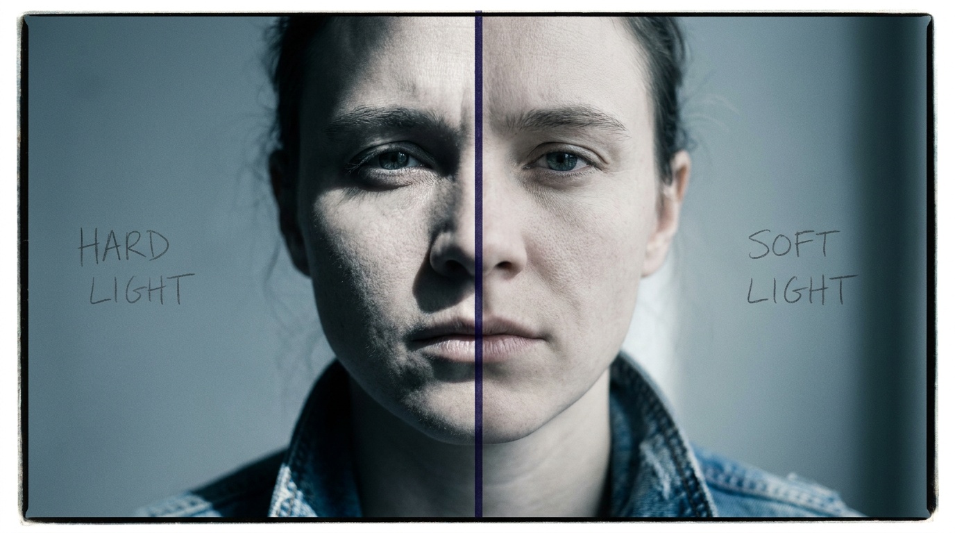 The same man photographed twice, first in hard noon sun that carves a sharp black shadow under his brow and nose, then in soft overcast light that wraps his face in a smooth gentle gradient with no harsh edges
