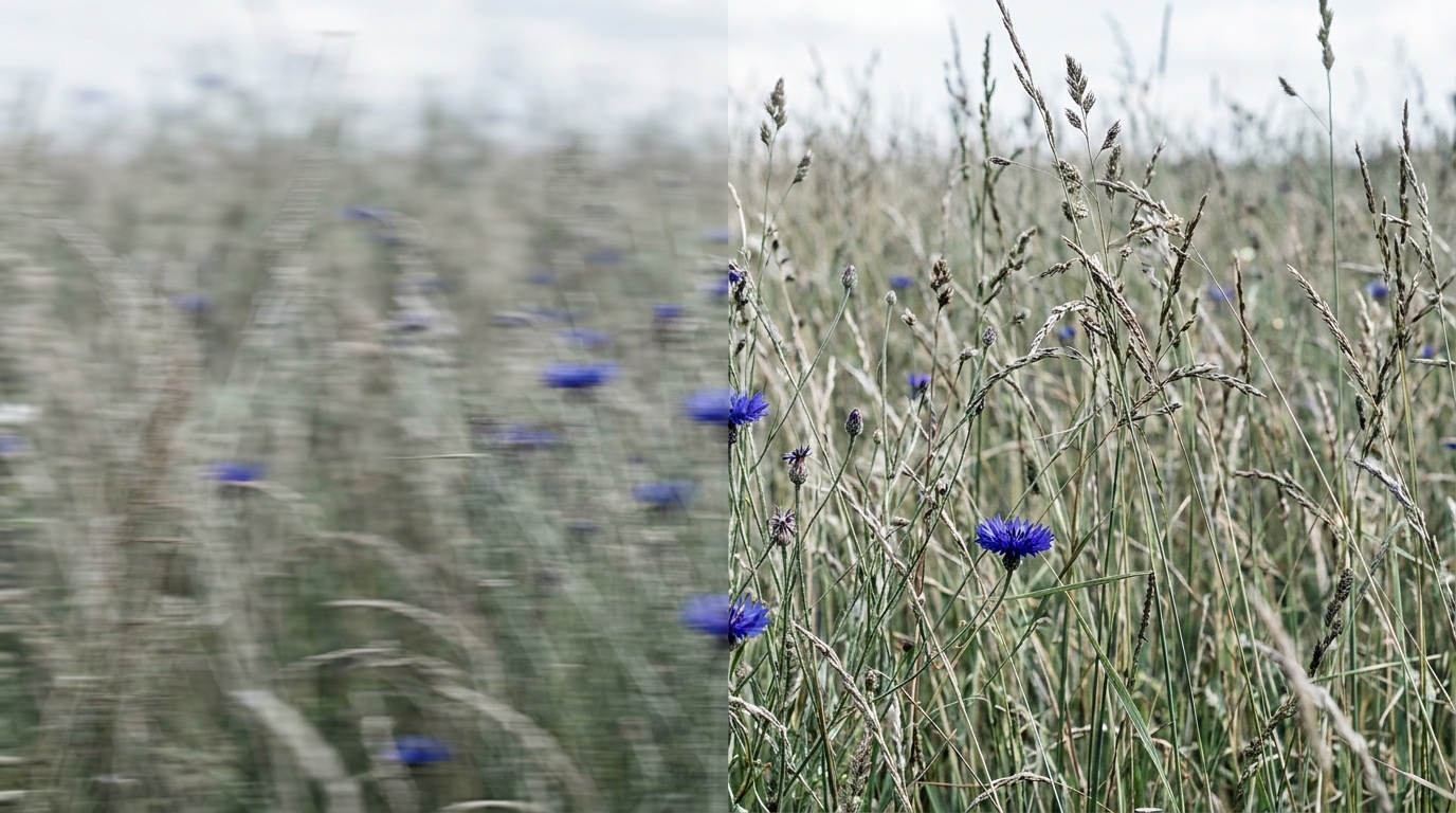 A golden meadow of tall seed heads shown twice, first smeared into a soft directional streak by wind at a slow shutter, then frozen at a fast shutter so every individual blade and seed tip is razor crisp