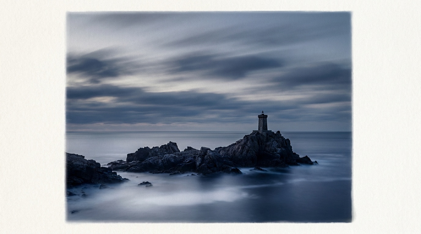 A dramatic coastal long exposure at dusk where wind-driven clouds stretch into long sweeping streaks across a colorful sky and the churning sea blurs to soft milky glass around dark jagged foreground rocks that stay perfectly sharp