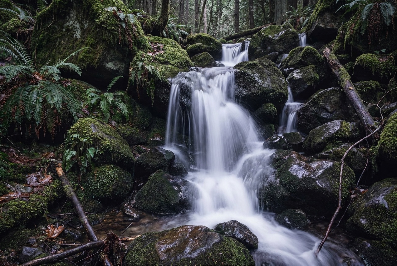 A waterfall rendered as smooth silky motion blur while the rocks stay sharp