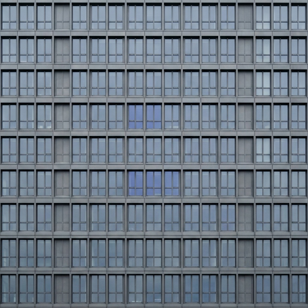 A glass skyscraper facade of identical windows shot dead on, the grid of panes filling the frame edge to edge so the repetition reads as endless beyond all four sides