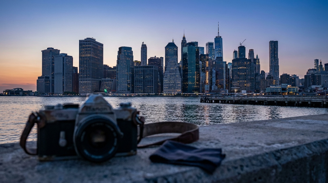 A city skyline at the blue-hour tipping point, the last warm glow draining from the sky as deep blue twilight takes over and thousands of window and street lights flicker on across the towers