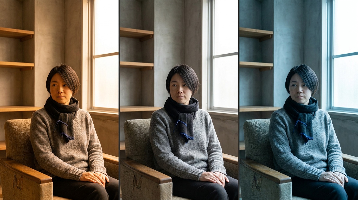 The same smiling portrait shown three times, first drenched in heavy orange tungsten cast, then corrected to natural lifelike skin and a clean white shirt, then chilled to a cold blue shade cast