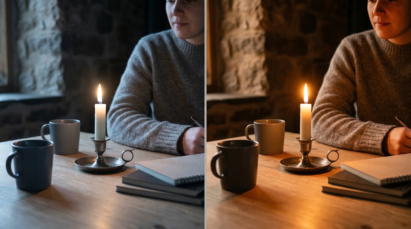 A candlelit dinner table shown twice, first neutralized to a cold accurate white that leaves the scene grey and lifeless, then left warm and golden so the flames glow and the room feels cozy and inviting