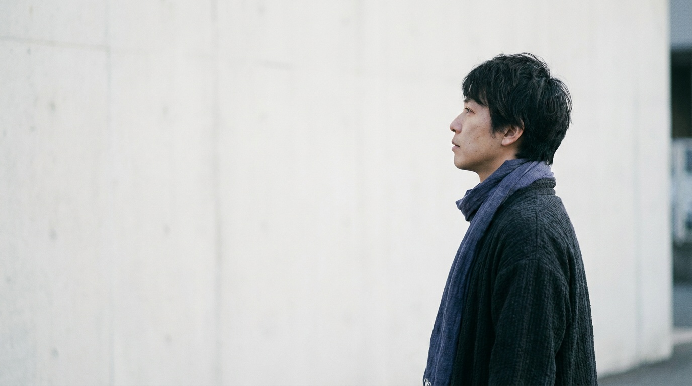 A profile portrait of a woman on the right third gazing left across a wide expanse of soft, evenly lit empty wall that gives her look somewhere to travel