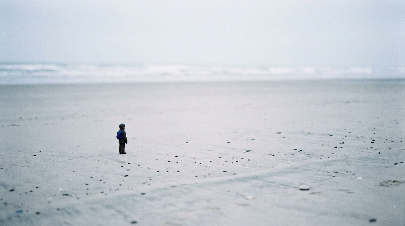 A single tiny figure walking the lower-left of the frame across a vast smooth expanse of pale wet sand and soft empty sky, dwarfed by the openness around them