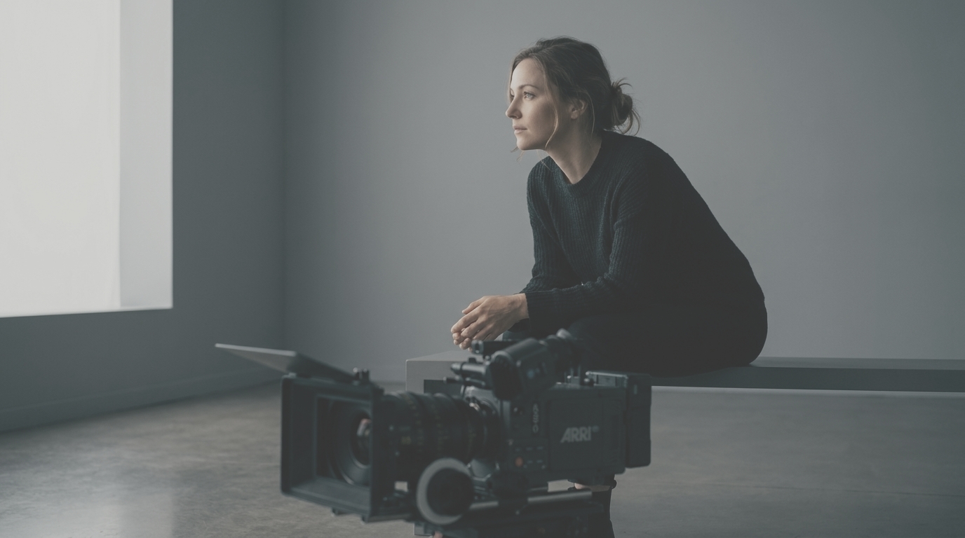 A flat, washed-out Log frame of a woman by a window, the contrast low and the color muted before any grade