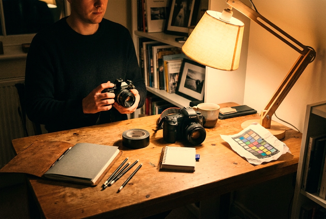 A portrait under tungsten light left uncorrected, with a strong orange cast